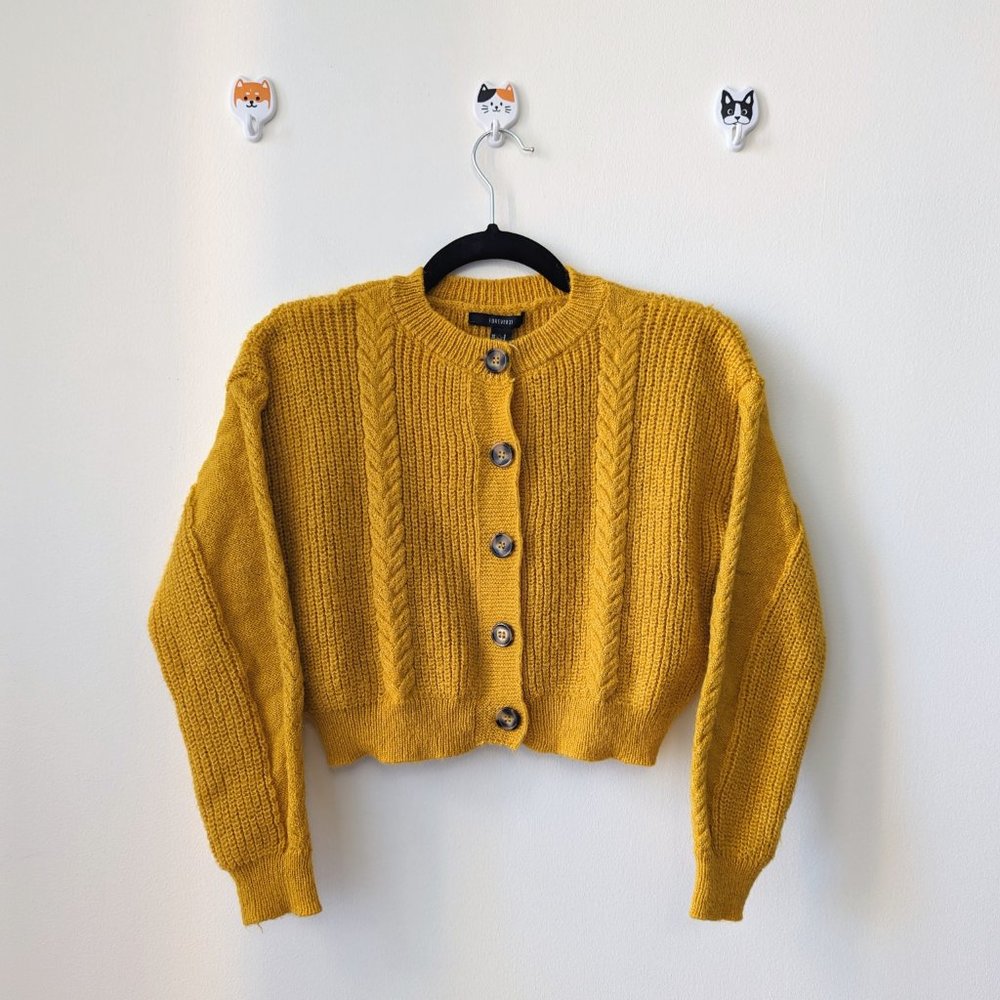 SM F21 Cropped Knit Mustard Yellow Button Up Sweater
